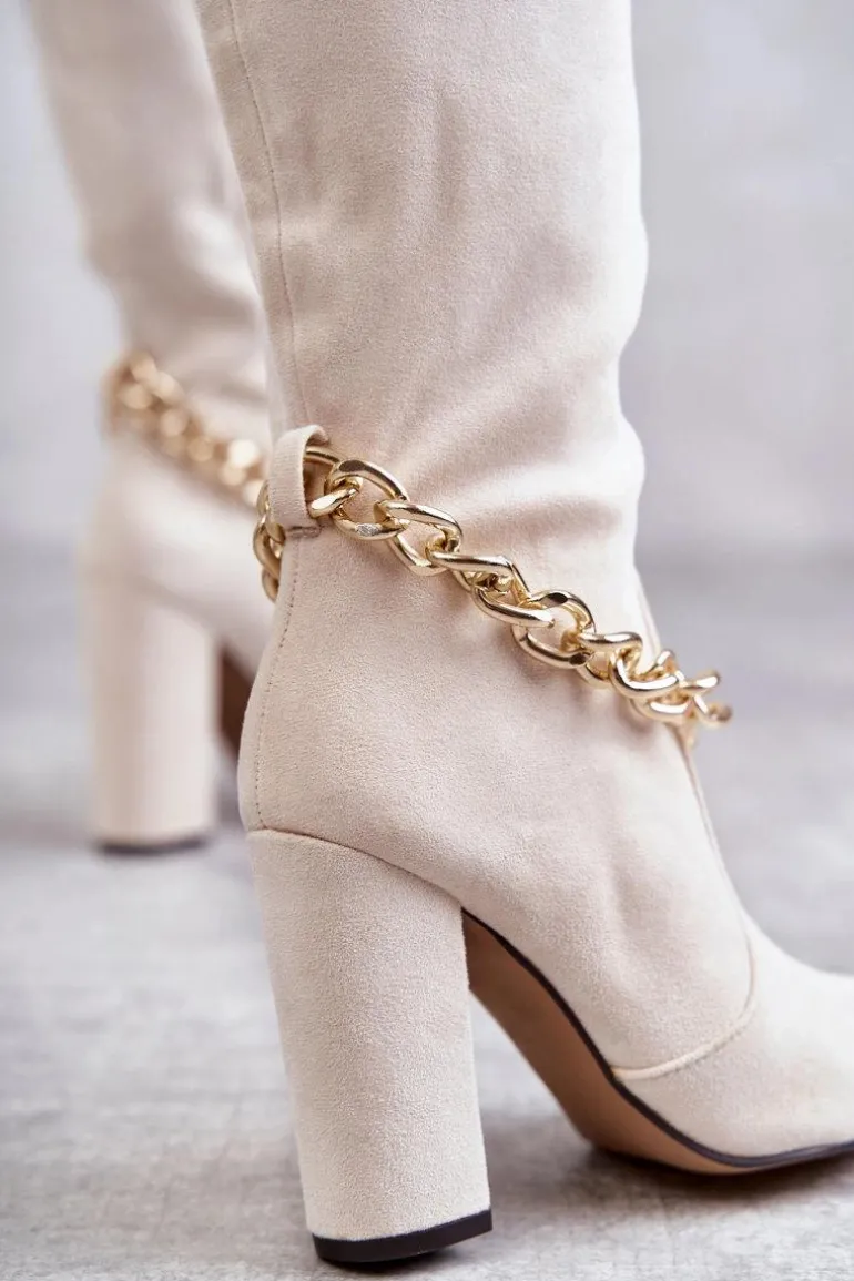 Damskie Zamszowe Ocieplane Kozaki Z Łańcuchem Jasnobeżowe Jasmin