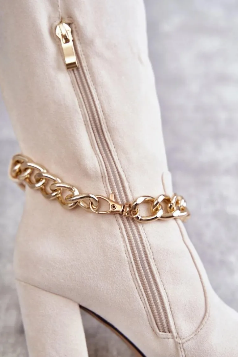 Damskie Zamszowe Ocieplane Kozaki Z Łańcuchem Jasnobeżowe Jasmin