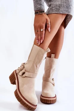 Damskie Zamszowe Ocieplane Botki Workery Beżowe Brinnon