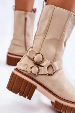 Damskie Zamszowe Ocieplane Botki Workery Beżowe Brinnon