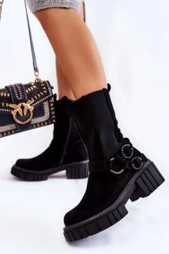 Damskie Zamszowe Ocieplane Botki Workery Czarne Brinnon