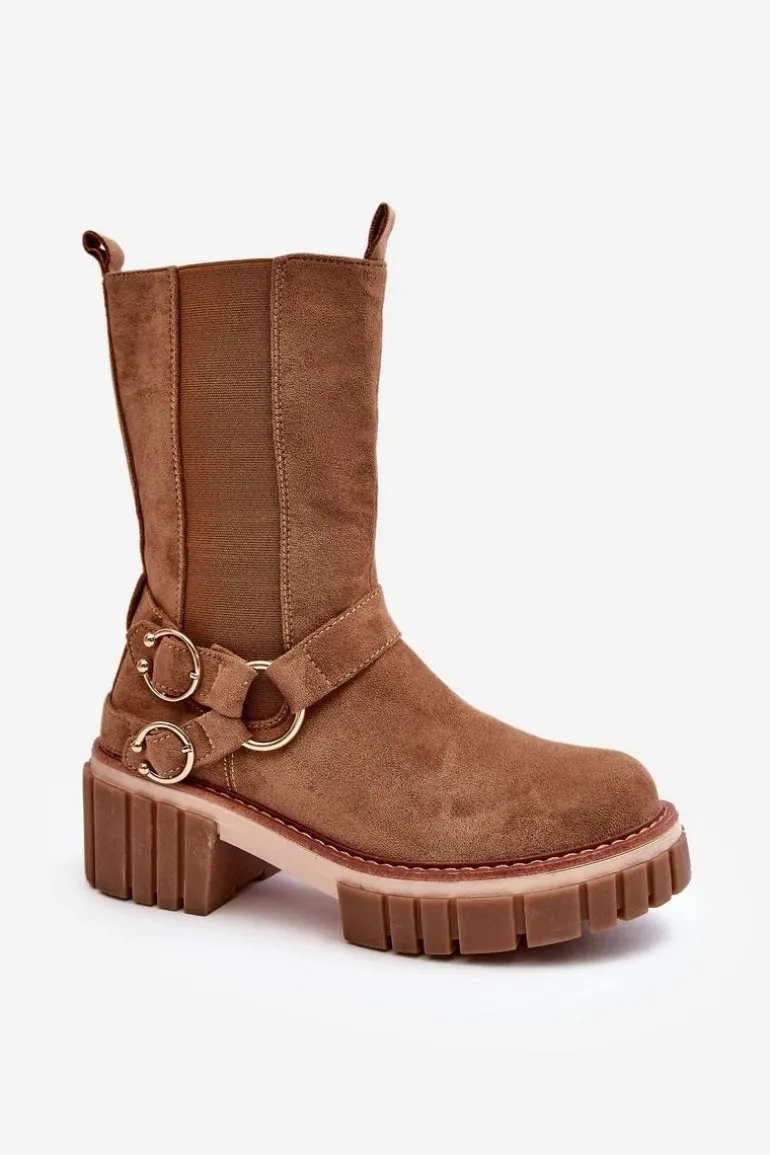 Damskie Zamszowe Ocieplane Botki Workery Camel Brinnon