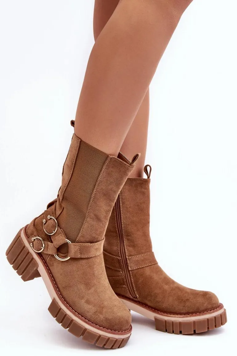 Damskie Zamszowe Ocieplane Botki Workery Camel Brinnon