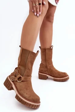 Damskie Zamszowe Ocieplane Botki Workery Camel Brinnon