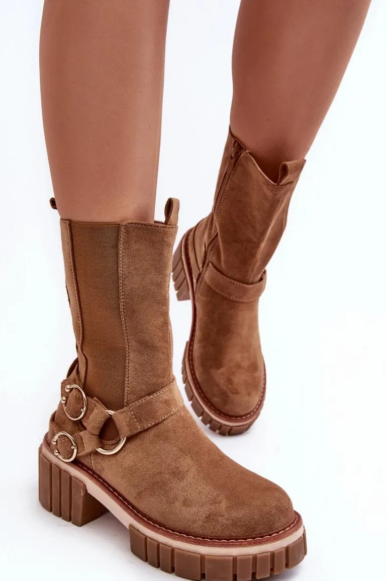 Damskie Zamszowe Ocieplane Botki Workery Camel Brinnon