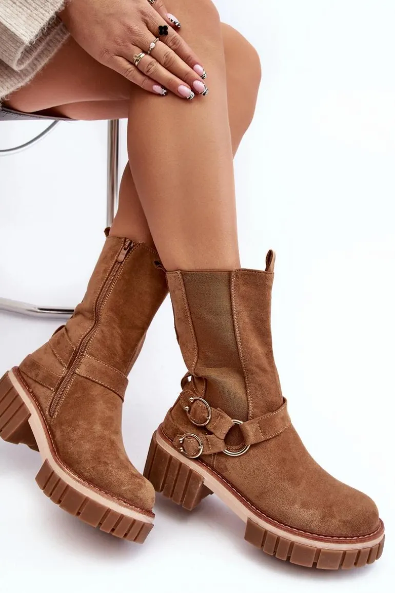 Damskie Zamszowe Ocieplane Botki Workery Camel Brinnon