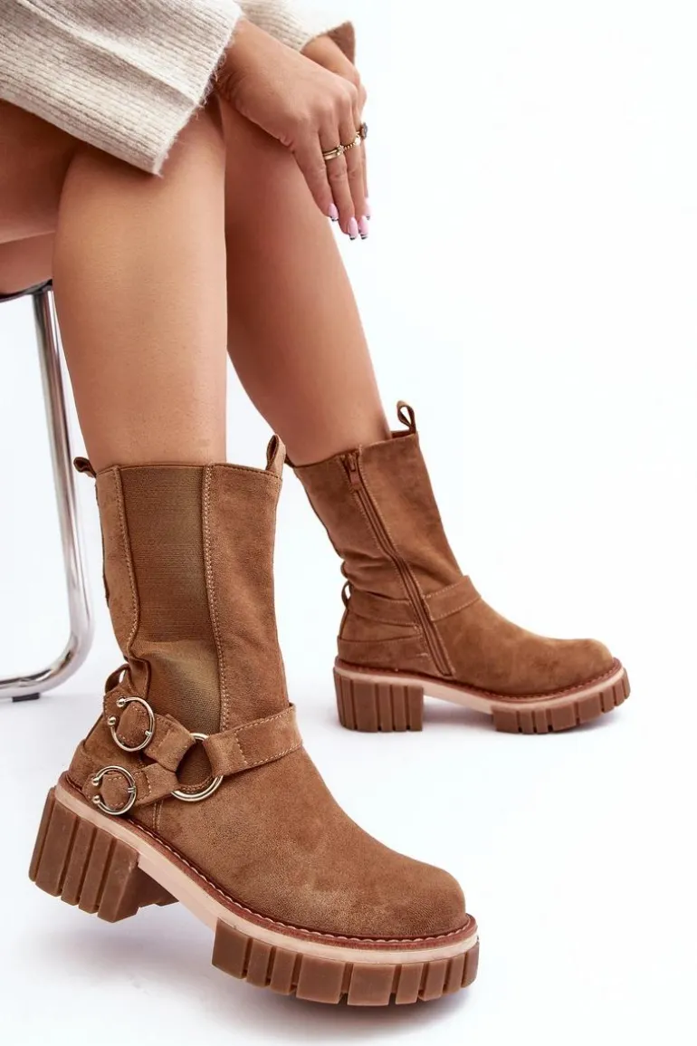 Damskie Zamszowe Ocieplane Botki Workery Camel Brinnon