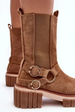 Damskie Zamszowe Ocieplane Botki Workery Camel Brinnon