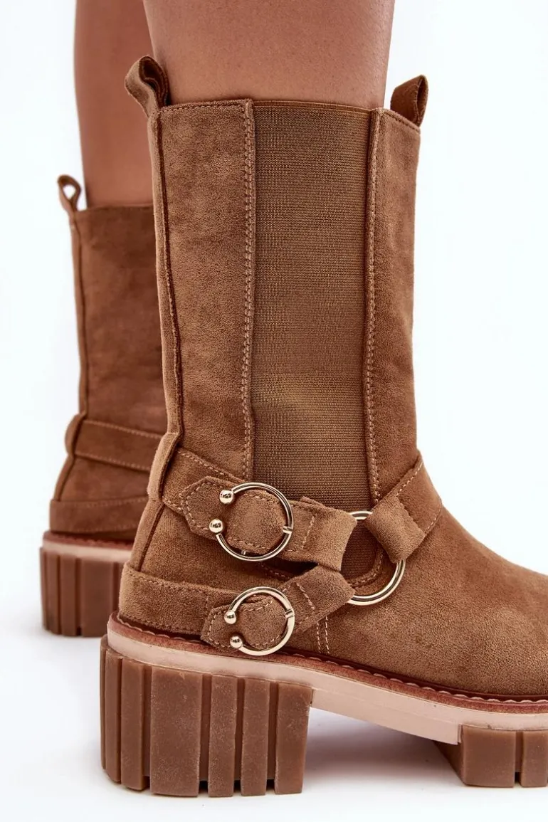 Damskie Zamszowe Ocieplane Botki Workery Camel Brinnon