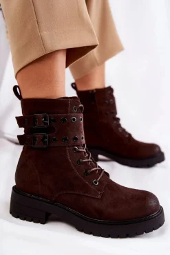 Damskie Zamszowe Ocieplane Botki Brązowe Silvor