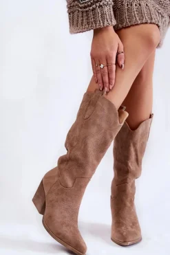 Damskie Zamszowe Ocieplane Kozaki Kowbojki Beżowe Caterina