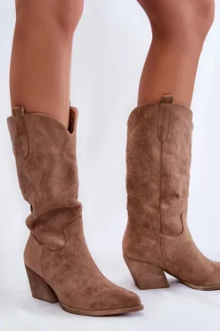 Damskie Zamszowe Ocieplane Kozaki Kowbojki Beżowe Caterina