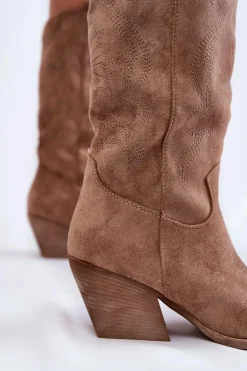 Damskie Zamszowe Ocieplane Kozaki Kowbojki Beżowe Caterina