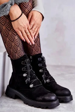 Damskie Zamszowe Ocieplane Botki Ze Ściągaczem Czarne Helia