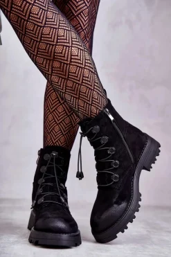 Damskie Zamszowe Ocieplane Botki Ze Ściągaczem Czarne Helia