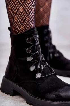 Damskie Zamszowe Ocieplane Botki Ze Ściągaczem Czarne Helia