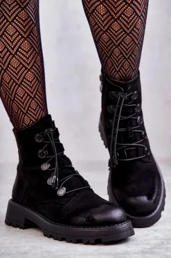 Damskie Zamszowe Ocieplane Botki Ze Ściągaczem Czarne Helia