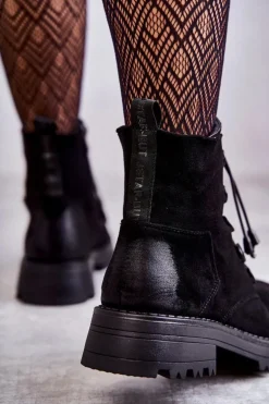 Damskie Zamszowe Ocieplane Botki Ze Ściągaczem Czarne Helia