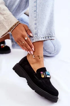 Damskie Zamszowe Półbuty Loafery Z Ozdobą Czarne Karlott