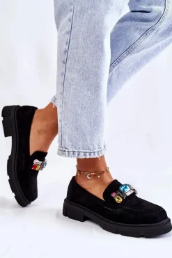 Damskie Zamszowe Półbuty Loafery Z Ozdobą Czarne Karlott