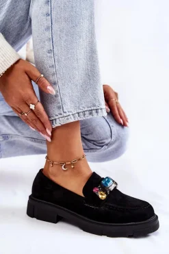 Damskie Zamszowe Półbuty Loafery Z Ozdobą Czarne Karlott