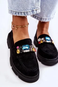 Damskie Zamszowe Półbuty Loafery Z Ozdobą Czarne Karlott
