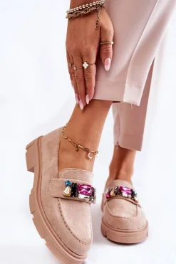 Damskie Zamszowe Półbuty Loafery Z Ozdobą Beżowe Karlott