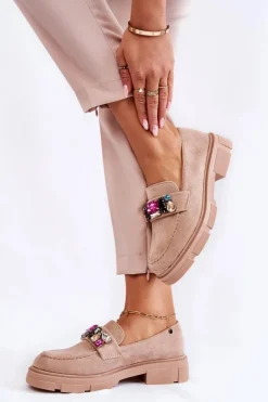 Damskie Zamszowe Półbuty Loafery Z Ozdobą Beżowe Karlott