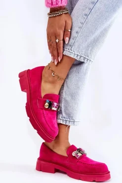 Damskie Zamszowe Półbuty Loafery Z Ozdobą Fuksja Karlott