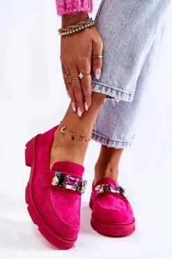 Damskie Zamszowe Półbuty Loafery Z Ozdobą Fuksja Karlott