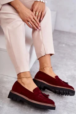 Damskie Zamszowe Półbuty Na Platformie Bordowe Unni