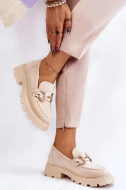 Damskie Zamszowe Półbuty Na Platformie Z Ozdobą Beżowe Deira