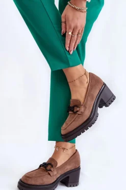 Damskie Zamszowe Półbuty Na Obcasie Ciemnobeżowe Sanya