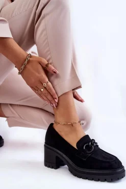 Damskie Zamszowe Półbuty Na Obcasie Czarne Sanya