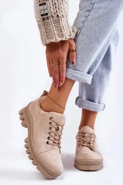 Damskie Zamszowe Półbuty Wiązane Beżowe Mayson