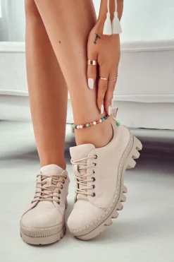 Damskie Zamszowe Półbuty Wiązane Beżowe Mayson