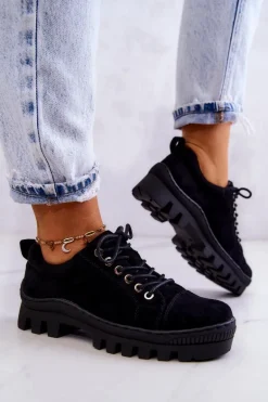 Damskie Zamszowe Półbuty Wiązane Czarne Mayson