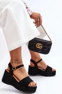 Damskie Zamszowe Sandałki Na Koturnie Czarne Lydia