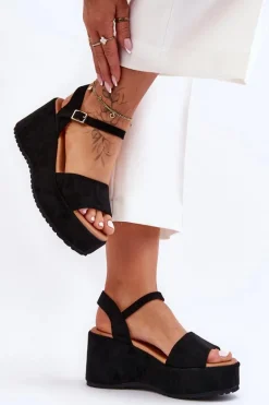 Damskie Zamszowe Sandałki Na Koturnie Czarne Lydia