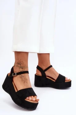 Damskie Zamszowe Sandałki Na Koturnie Czarne Lydia
