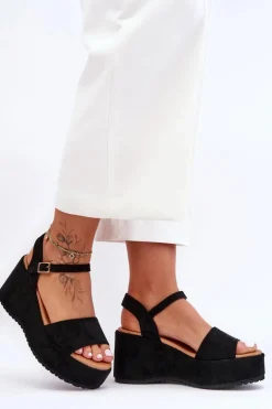 Damskie Zamszowe Sandałki Na Koturnie Czarne Lydia