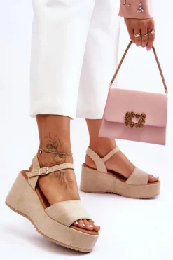 Damskie Zamszowe Sandałki Na Koturnie Beżowe Lydia