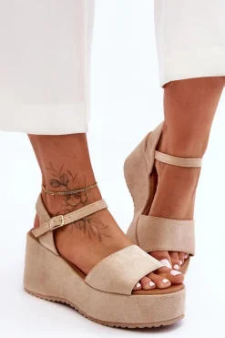 Damskie Zamszowe Sandałki Na Koturnie Beżowe Lydia