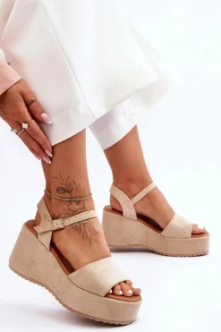 Damskie Zamszowe Sandałki Na Koturnie Beżowe Lydia