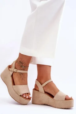 Damskie Zamszowe Sandałki Na Koturnie Beżowe Lydia