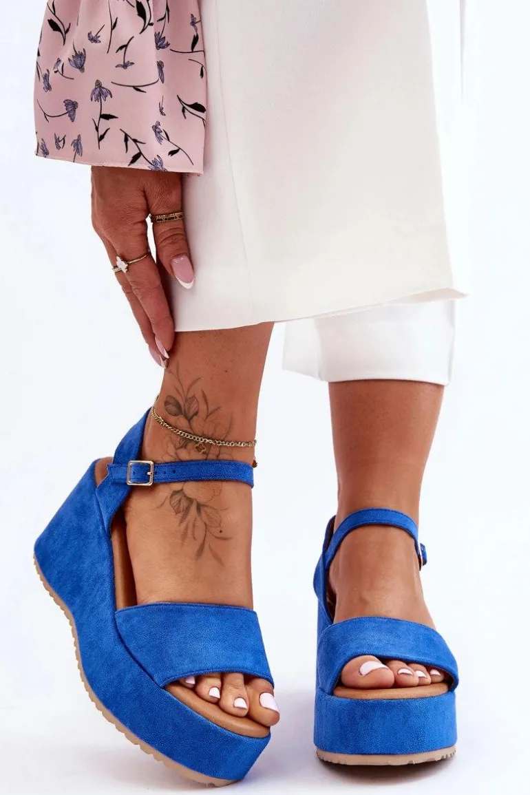 Damskie Zamszowe Sandałki Na Koturnie Niebieskie Lydia