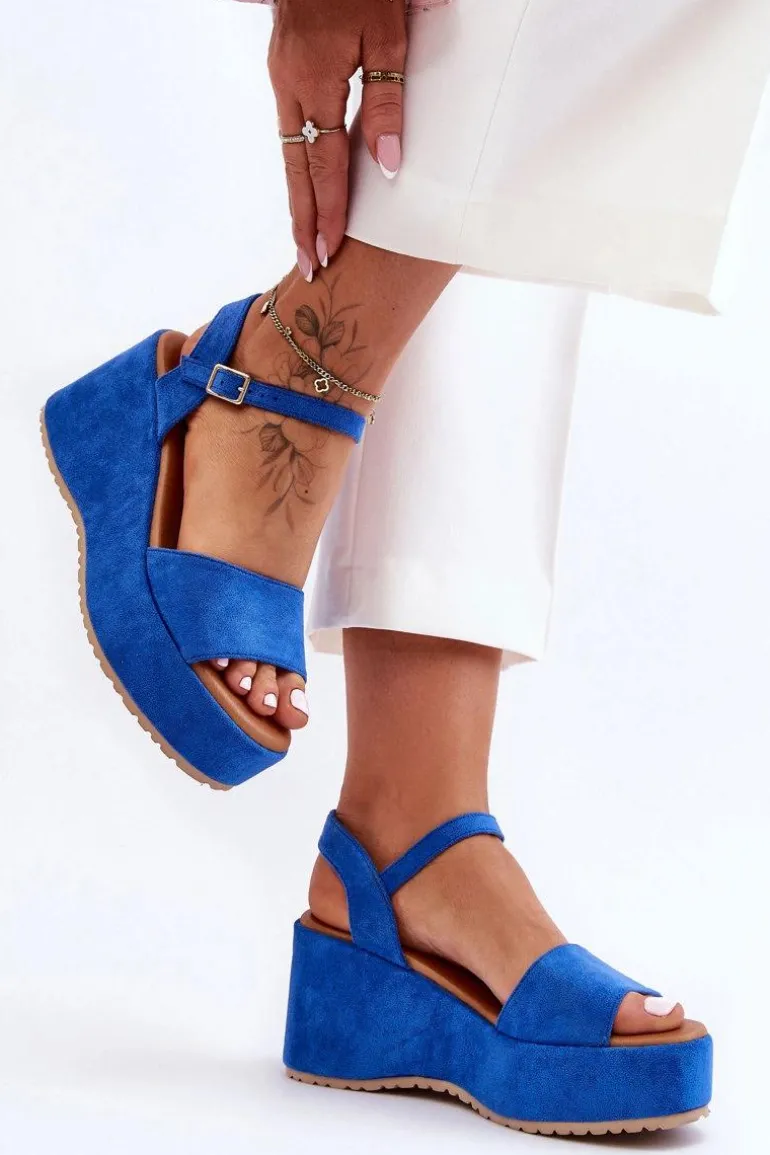Damskie Zamszowe Sandałki Na Koturnie Niebieskie Lydia