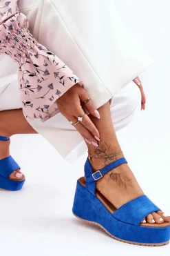 Damskie Zamszowe Sandałki Na Koturnie Niebieskie Lydia