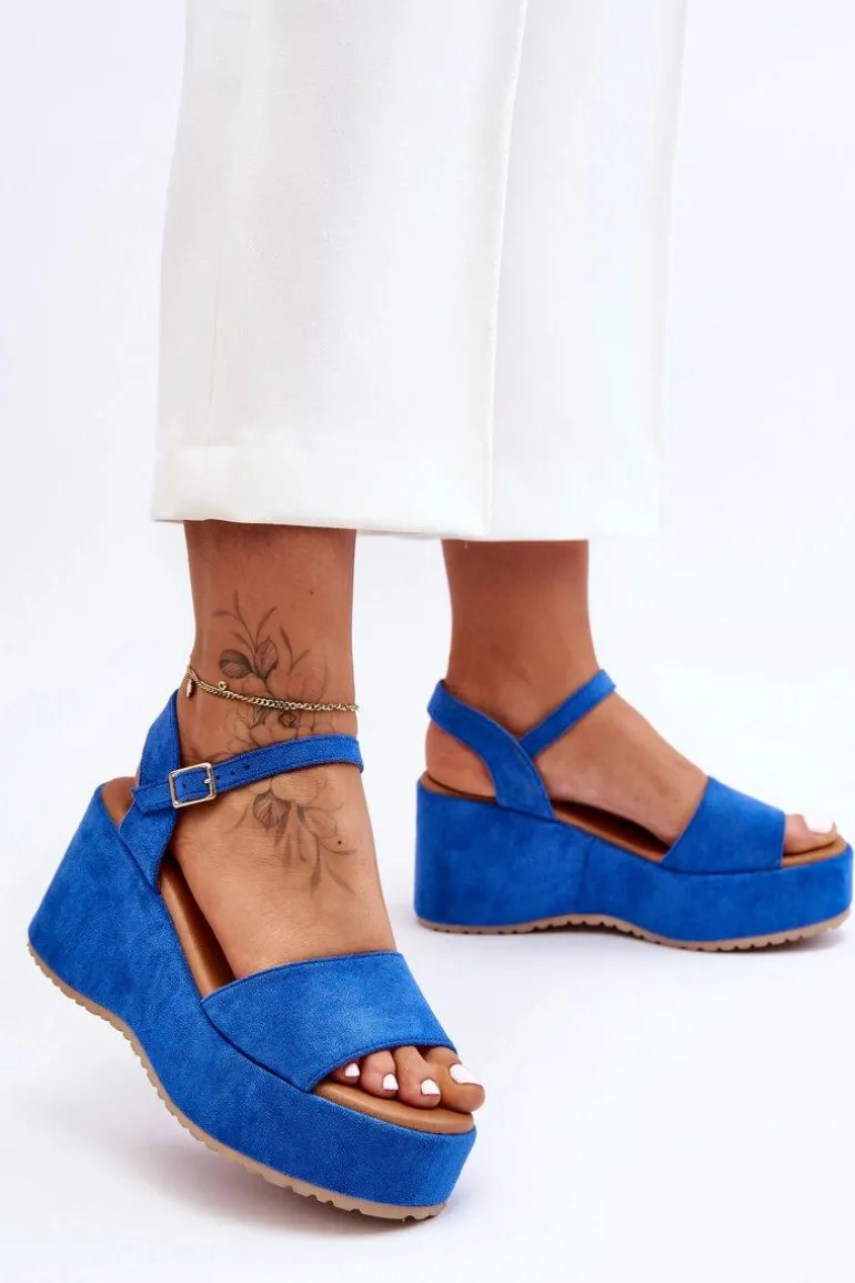 Damskie Zamszowe Sandałki Na Koturnie Niebieskie Lydia