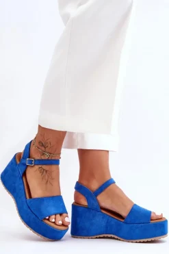 Damskie Zamszowe Sandałki Na Koturnie Niebieskie Lydia
